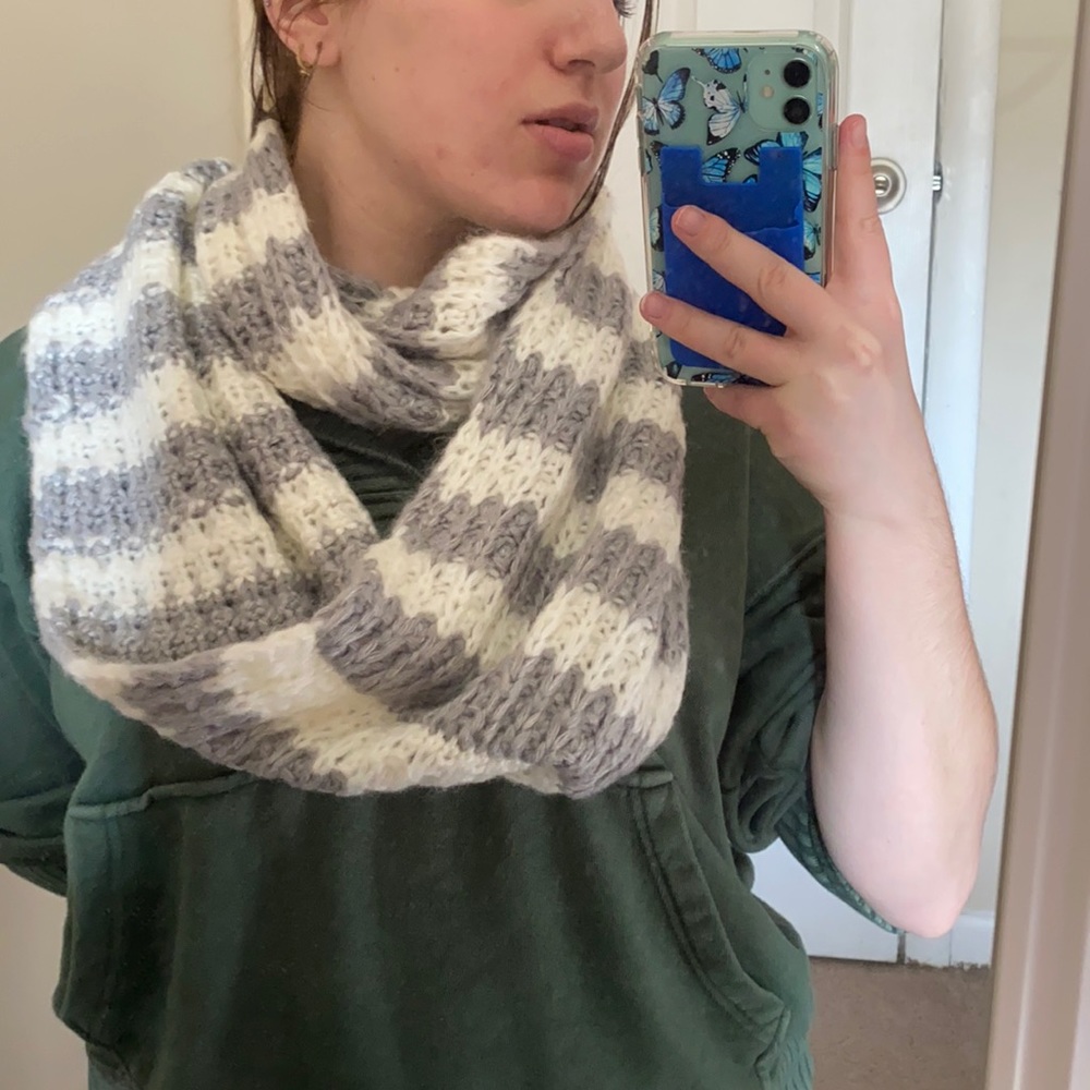 Grey and white striped infinity scarf